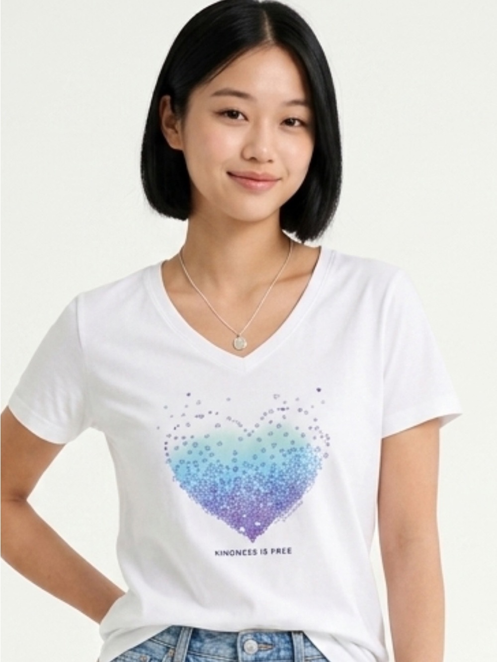 Life Is Good White V-Neck Tee with Blue to Purple Heart Graphic NWOT’S